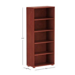 Wooden five-shelf bookcase with dimensions 51.5 inches tall, 22.5 inches wide, and 10.75 inches deep.