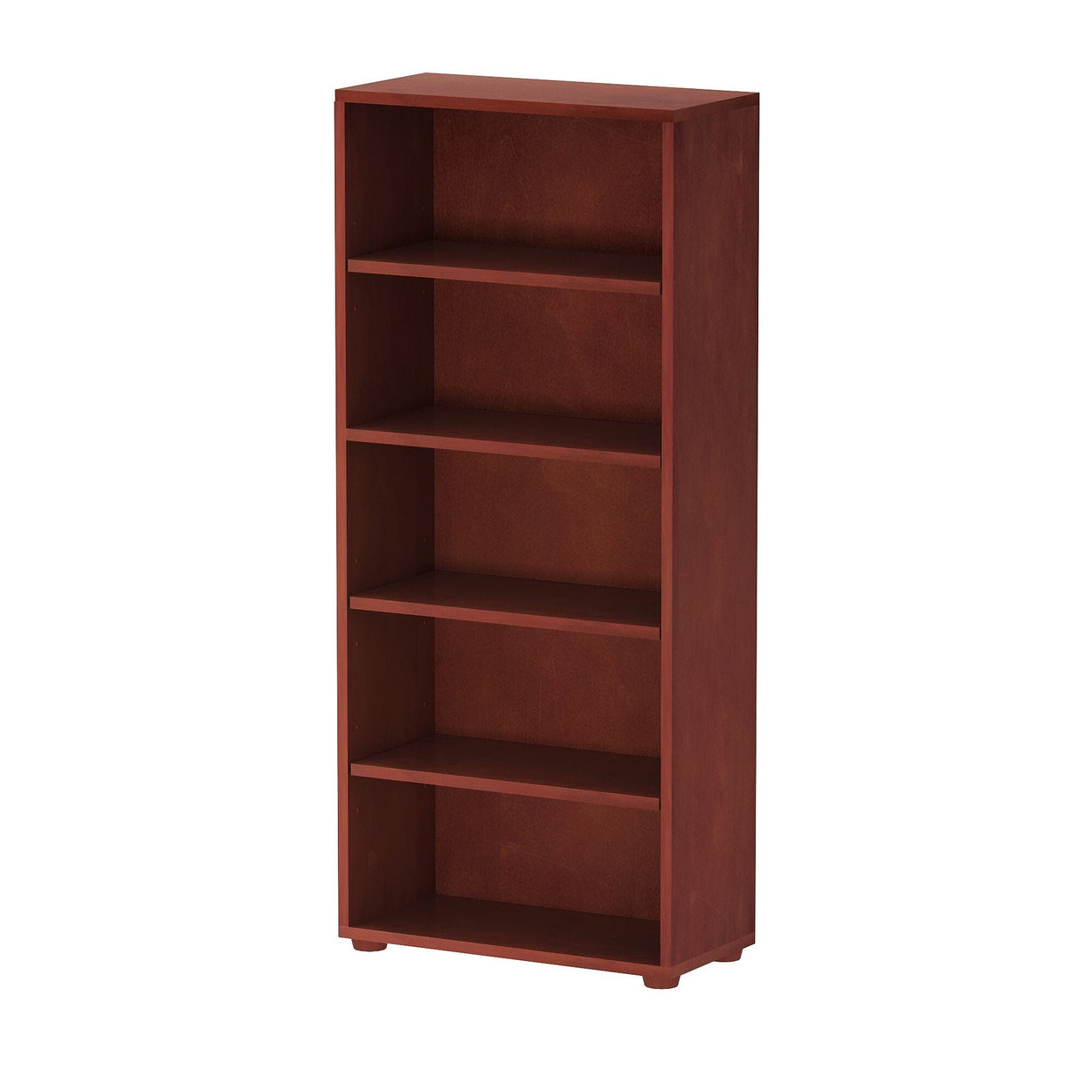 Tall wooden bookshelf with five shelves in mahogany finish for home or office storage.