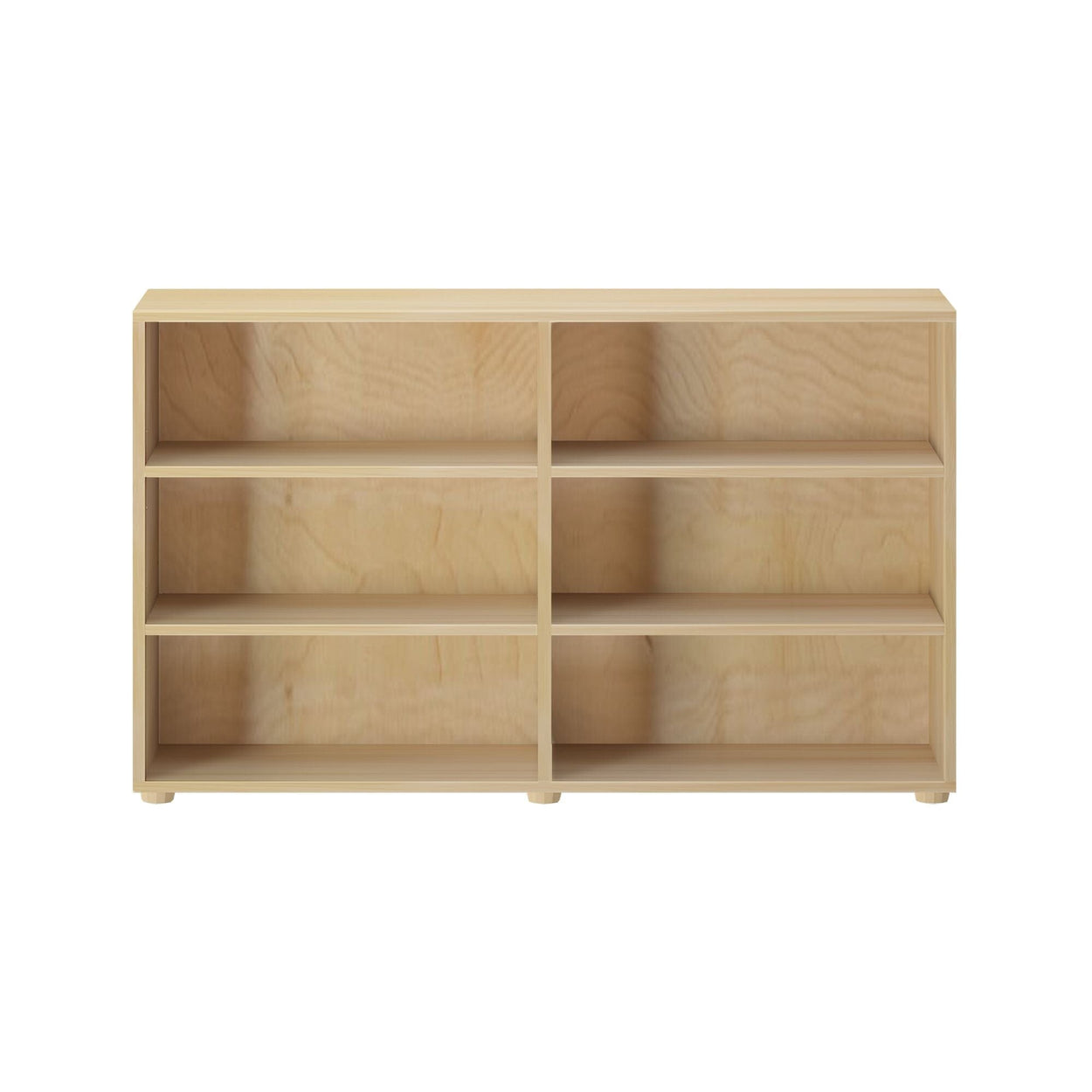 Modern wooden bookshelf with six open shelves for home or office storage solutions.