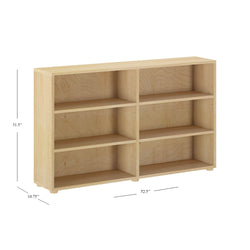 Natural wood six-shelf bookcase dimensions 52.5" x 10.75" x 31.5".