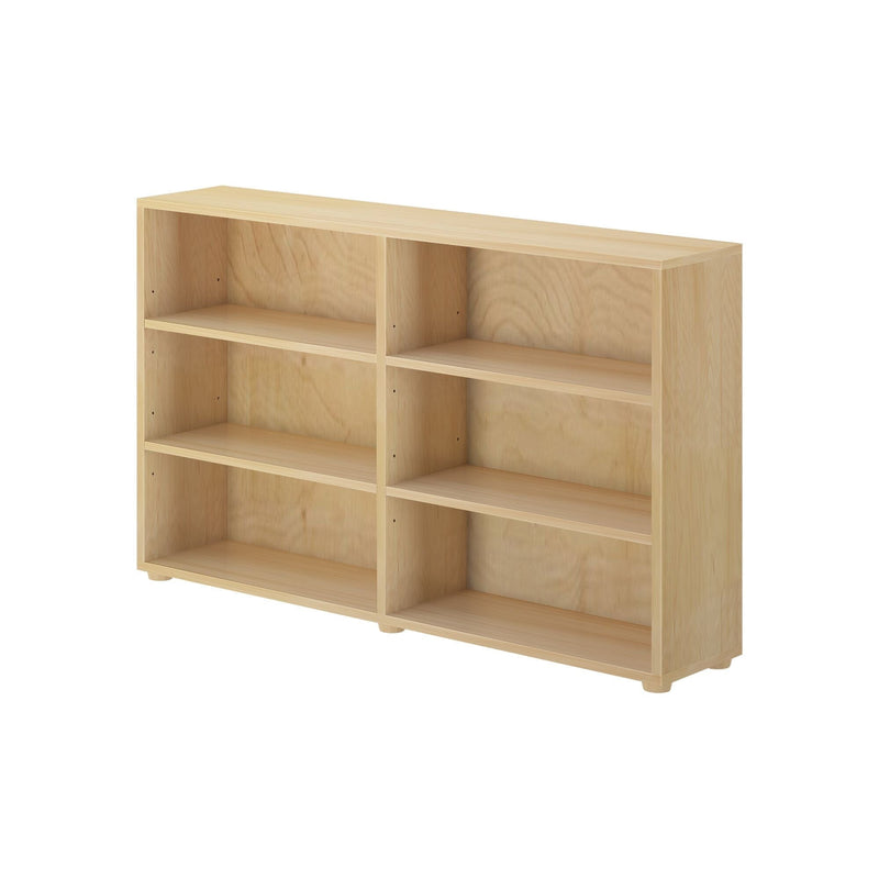 Wooden bookshelf with six open compartments for home or office storage solutions.