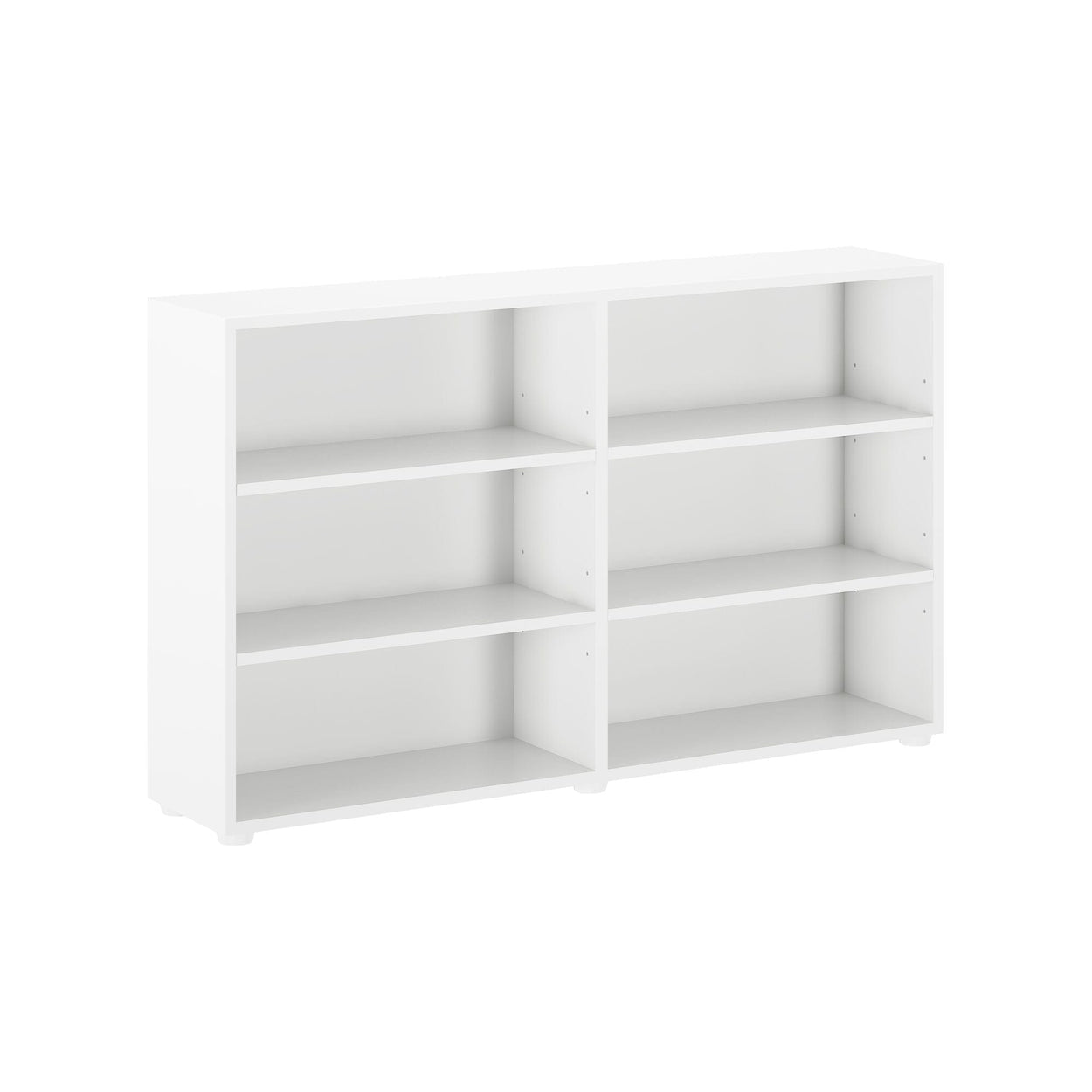 White six-cube storage bookshelf with adjustable shelves for home or office organization.
