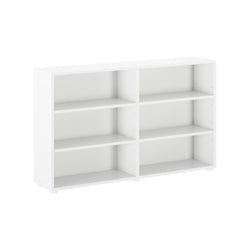 White six-cube storage bookshelf with adjustable shelves for home or office organization.