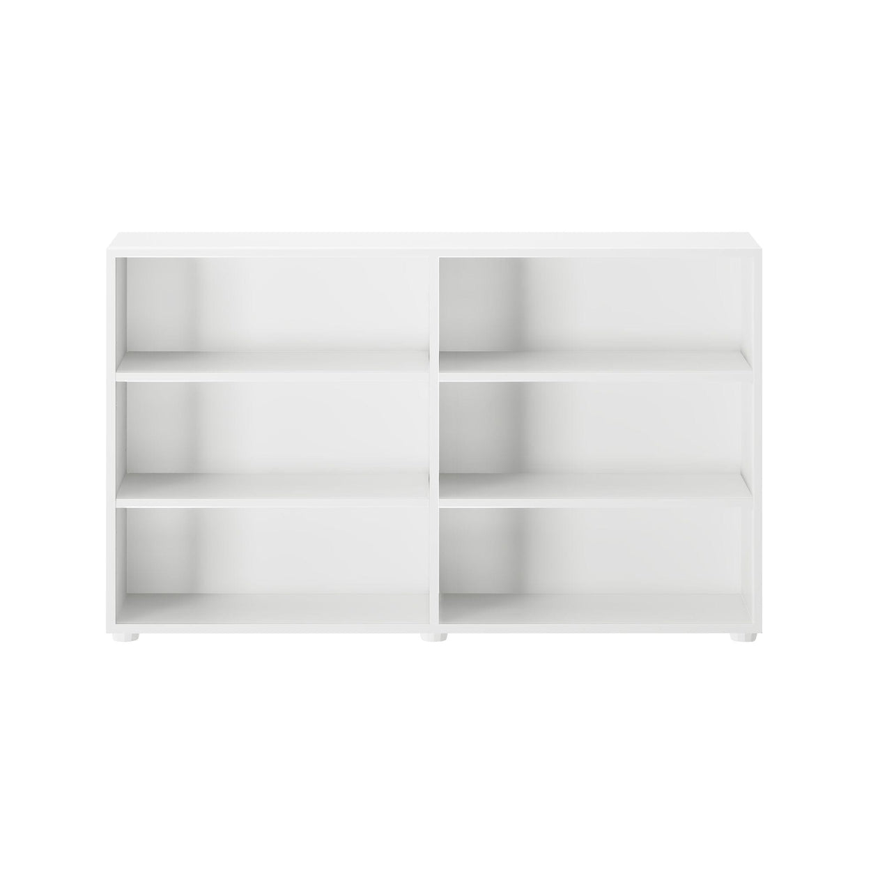 White minimalist bookshelf with six open shelves for modern home or office storage.