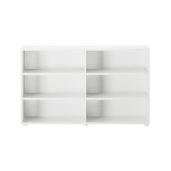 White minimalist bookshelf with six open shelves for modern home or office storage.