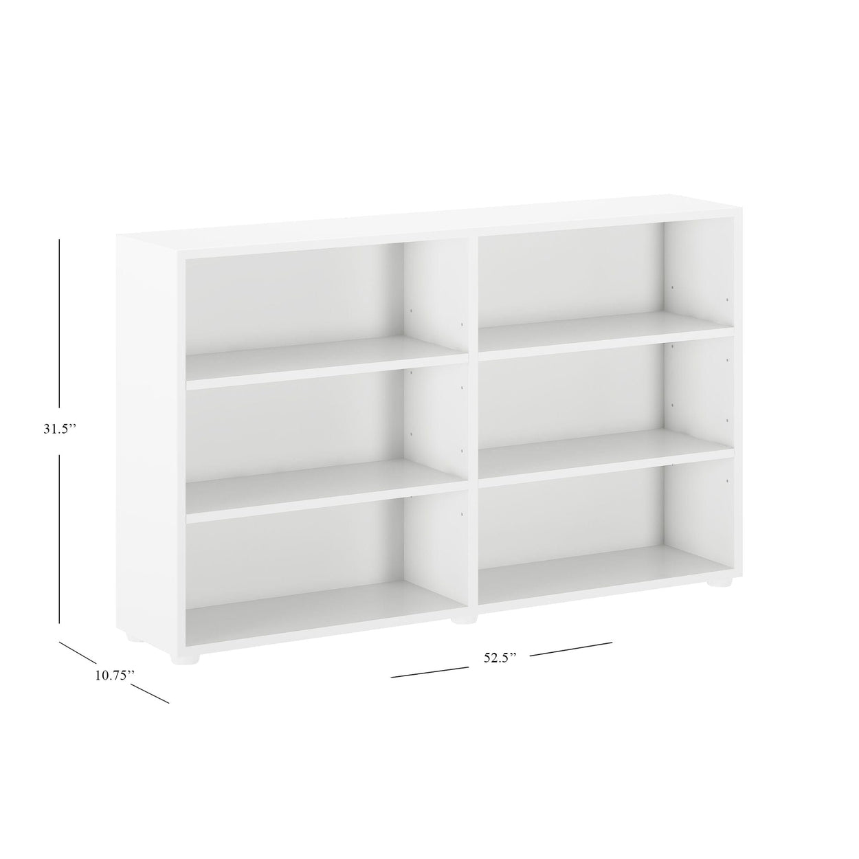 White adjustable bookshelf with six compartments, dimensions 31.5 inches high, 52.5 inches wide, 10.75 inches deep.