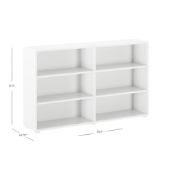 White adjustable bookshelf with six compartments, dimensions 31.5 inches high, 52.5 inches wide, 10.75 inches deep.
