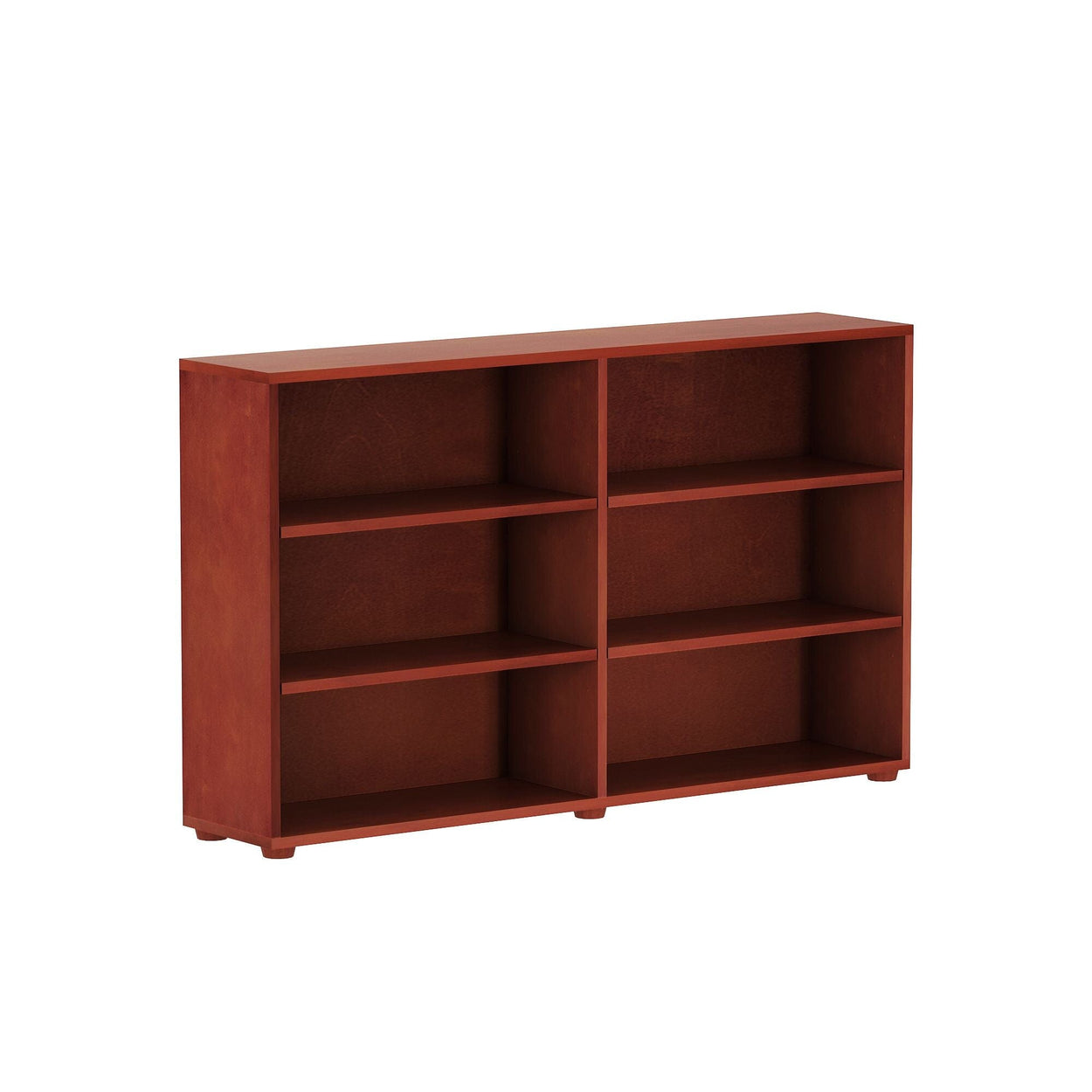 Brown wooden bookcase with six shelves for home and office organization.