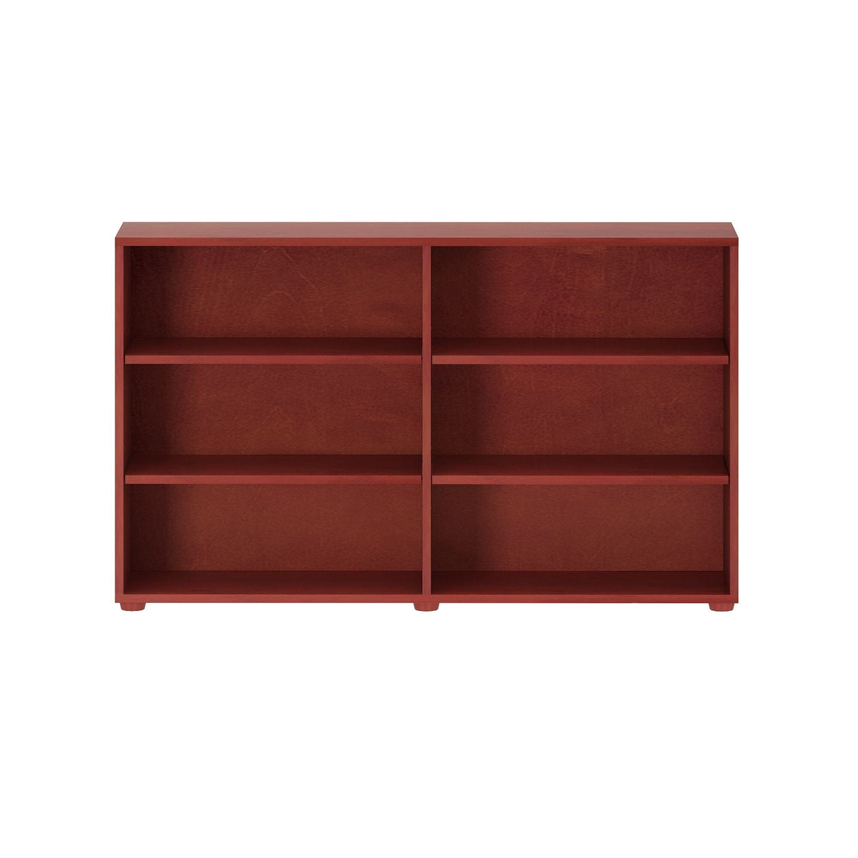 Wooden bookcase with six shelves in a rich mahogany finish.