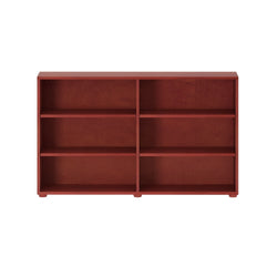 Wooden bookcase with six shelves in a rich mahogany finish.