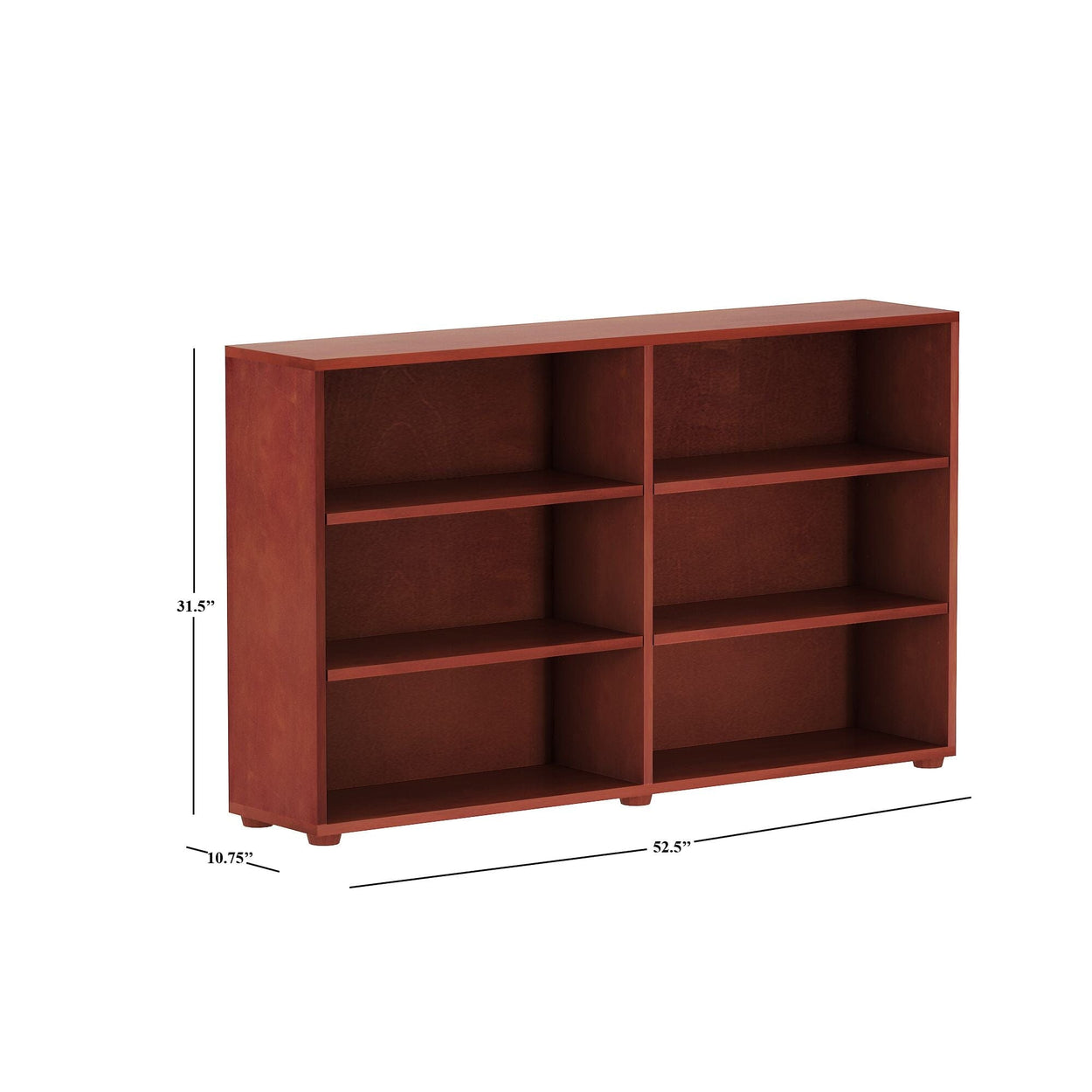 Wooden bookshelf with six open shelves, measuring 31.5 inches in height, 52.5 inches in width, and 10.75 inches in depth, ideal for home or office storage solutions.