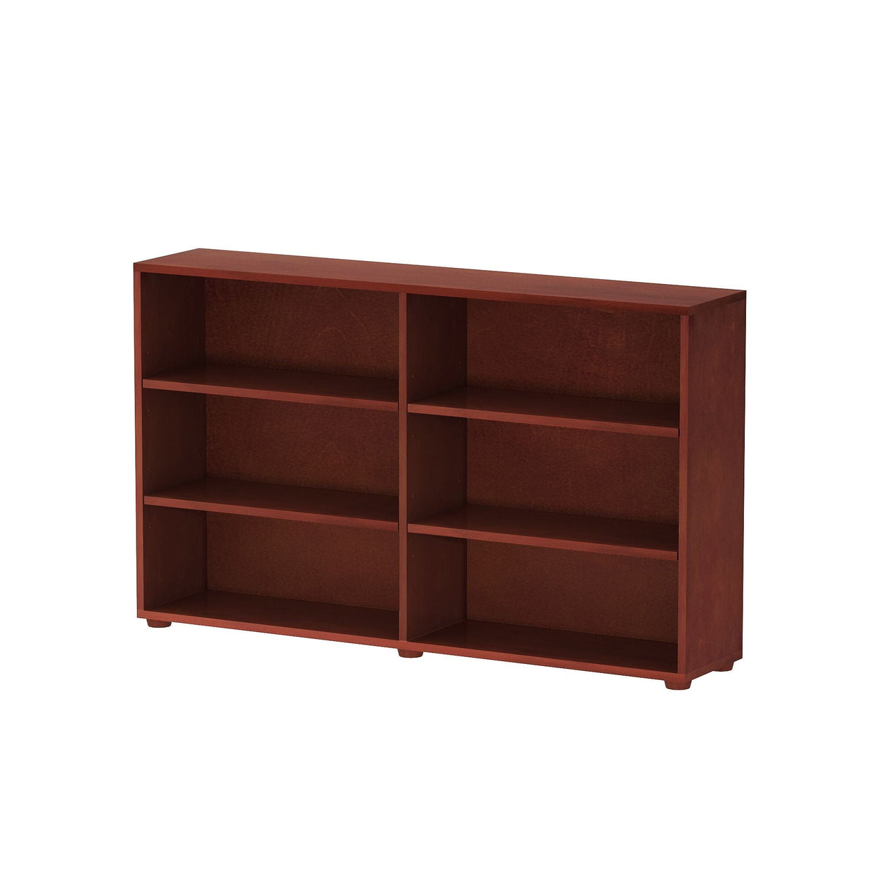 Brown wooden six-shelf bookcase for home or office storage solutions.