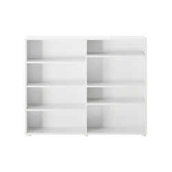 White modular wooden bookshelf with multiple shelves for home and office organization.