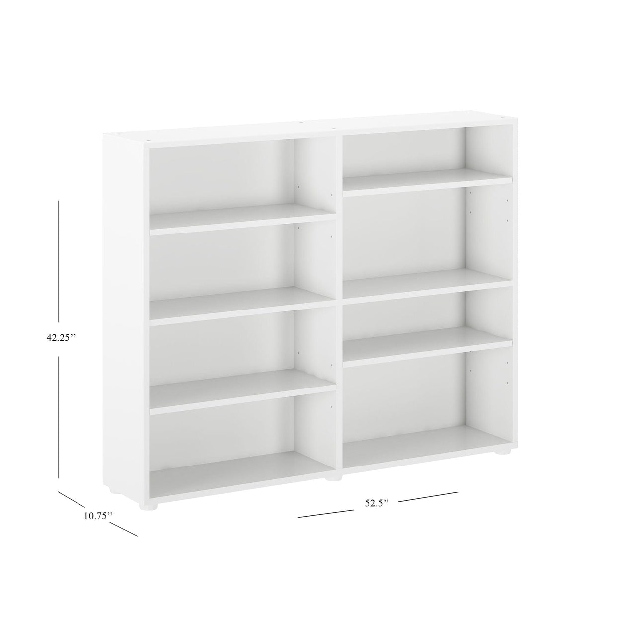 White wooden bookshelf with six adjustable shelves, dimensions 52.5 inches wide, 42.25 inches high, and 10.75 inches deep, ideal for home or office storage and display.