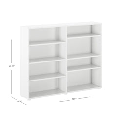 White wooden bookshelf with six adjustable shelves, dimensions 52.5 inches wide, 42.25 inches high, and 10.75 inches deep, ideal for home or office storage and display.