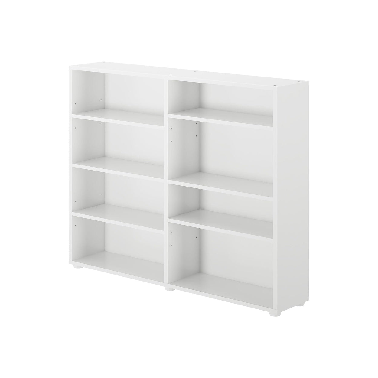 White minimalist bookshelf with six shelves, ideal for home or office storage solutions.