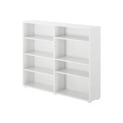 White minimalist bookshelf with six shelves, ideal for home or office storage solutions.