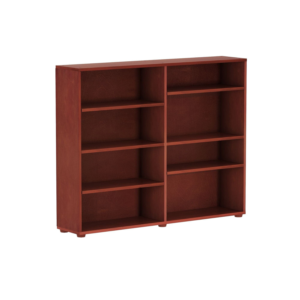Wooden bookshelf with eight open shelves for home or office storage.