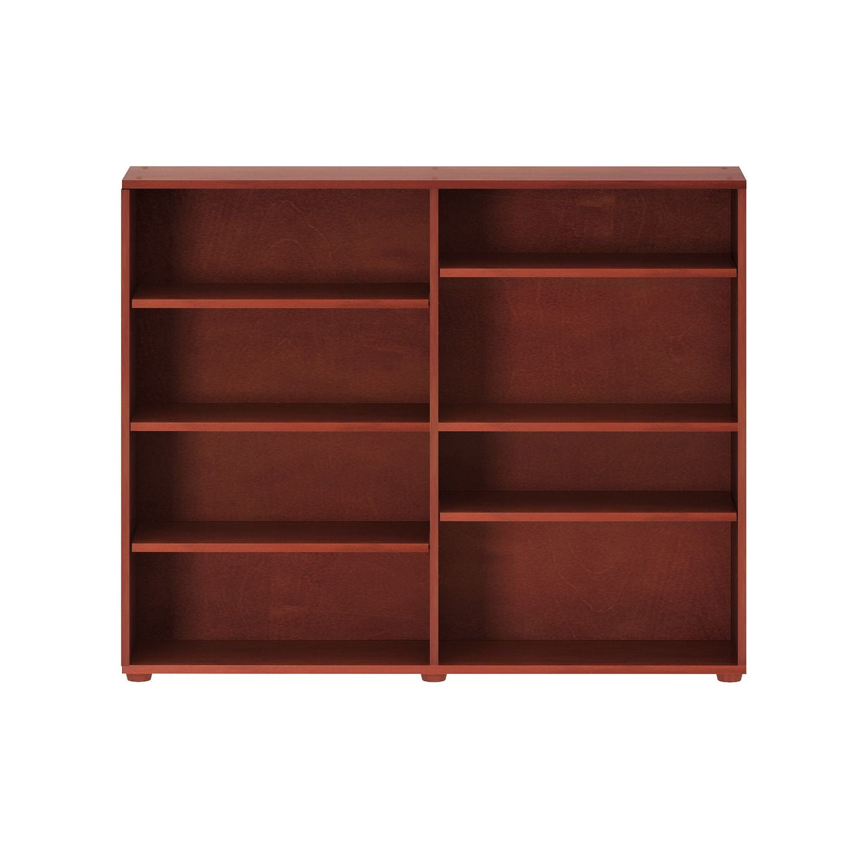 Red wooden bookshelf with eight shelves for home or office storage.