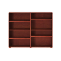 Red wooden bookshelf with eight shelves for home or office storage.