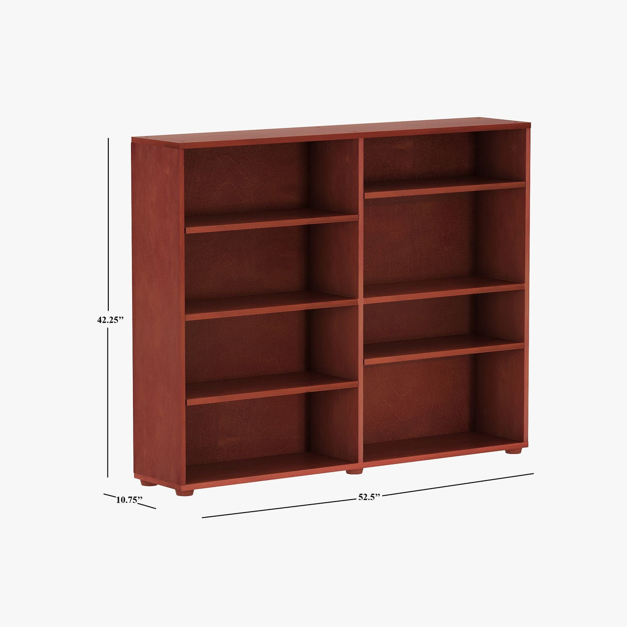 Wooden bookshelf with nine compartments, dimensions 52.5 inches wide, 42.25 inches tall, 10.75 inches deep.