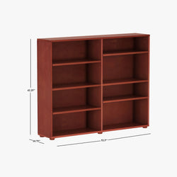 Wooden bookshelf with nine compartments, dimensions 52.5 inches wide, 42.25 inches tall, 10.75 inches deep.
