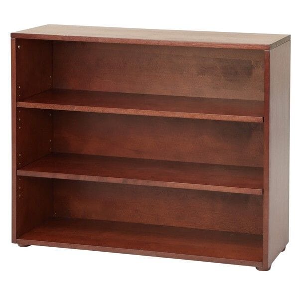 Wooden bookshelf with three shelves for home or office storage.