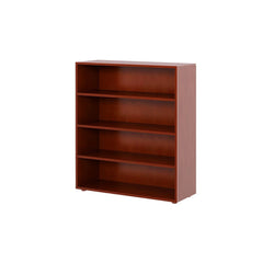 Wooden five-shelf bookcase with a cherry finish for home and office storage.