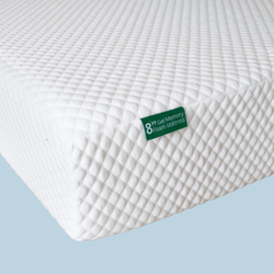 White 8-inch gel memory foam mattress on light blue background, with textured surface and green label.