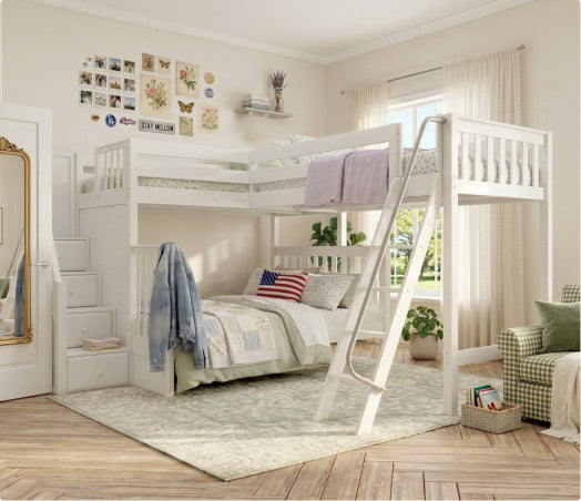 White twin-over-twin loft bed with ladder and storage staircase in a bright, cozy kids' bedroom — space-saving bunk bed with modern farmhouse decor.