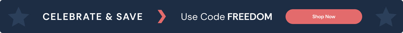 Patriotic promo banner: "CELEBRATE & SAVE" — Use code FREEDOM; coral "Shop Now" button for discount sale