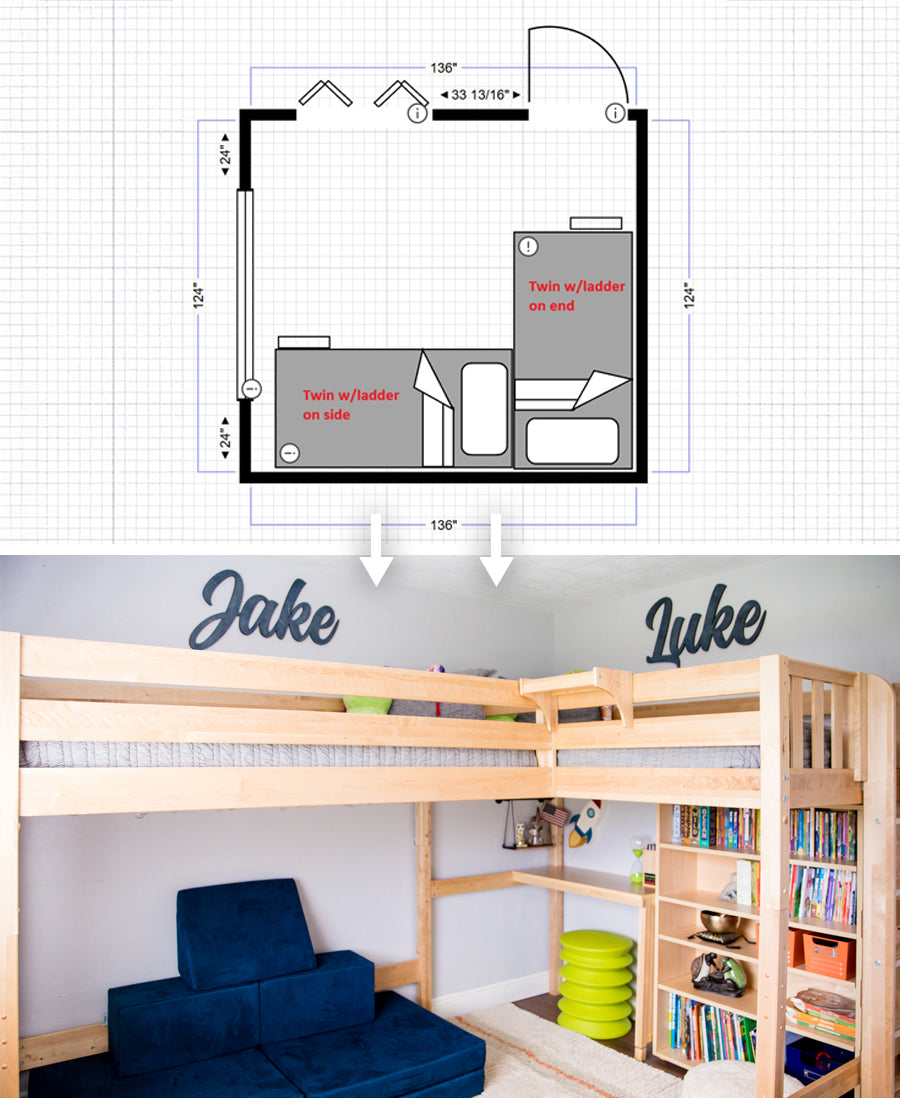 On the top of the image, there is a blueprint of a room with a twin corner loft with ladders on the end and side. Below the blueprint image, there is the actual room with the bed assembled. Above the bed are the names "Jake" and "Luke". Below the bed is a desk, bookcase, and foam chair which create a unique space.