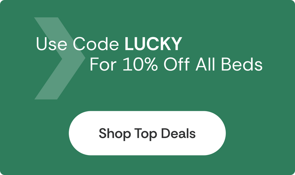 Green promotional banner for bed sale: Use code LUCKY for 10% off all beds with a "Shop Top Deals" call-to-action button