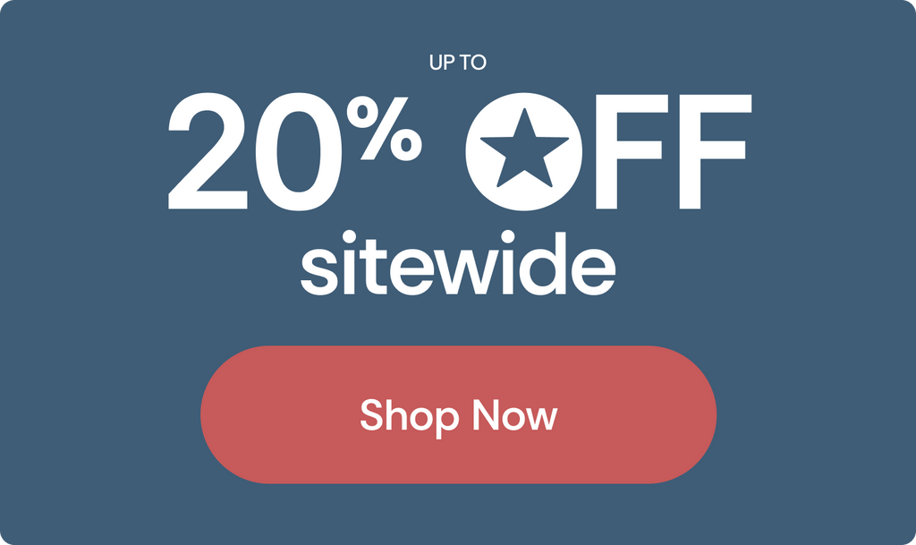 Promotional banner: Up to 20% off sitewide — shop now sale button on blue background.