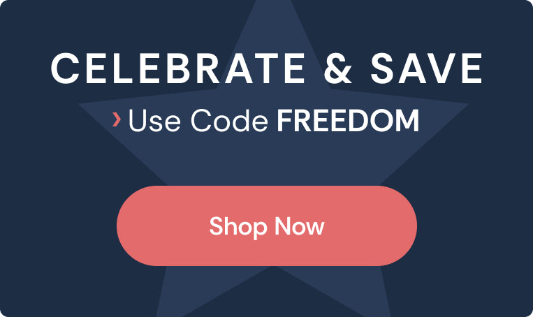Celebrate & Save sale banner with star background, promo code FREEDOM and coral "Shop Now" button