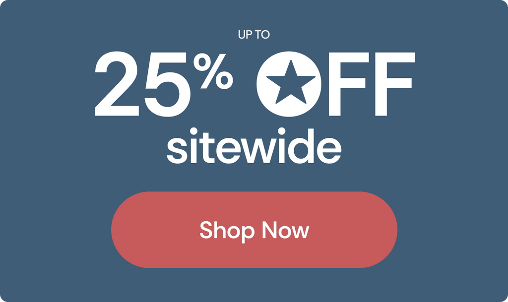 Blue sale banner reading "Up to 25% off sitewide" in white text with a red "Shop Now" button