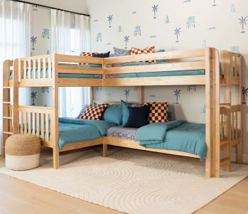 Kids solid wood loft bed with built-in storage drawers, ladder and study desk in natural wood finish — space-saving children's bedroom furniture
