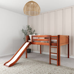 Wooden loft bed with slide in modern bedroom setup, featuring ladder and stylish wall decor.