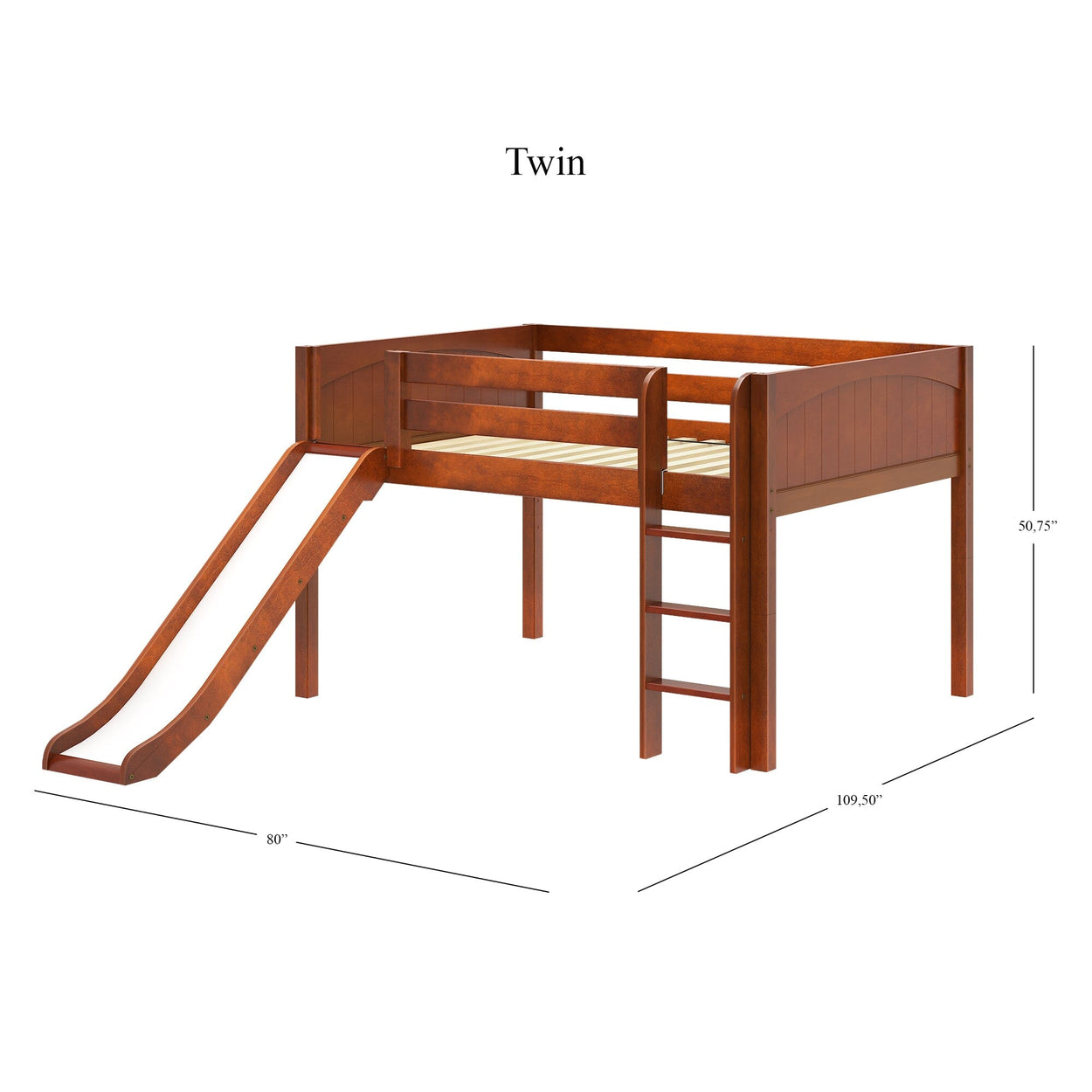Wooden twin loft bed with slide and ladder for kids' bedroom furniture