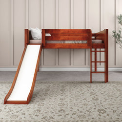 Wooden loft bed with slide and ladder, ideal for kids' bedroom furniture.