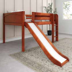 Children's wooden loft bed with slide and ladder in modern bedroom.