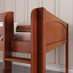 Wooden loft bed with ladder against a white paneled wall, ideal for maximizing bedroom space.