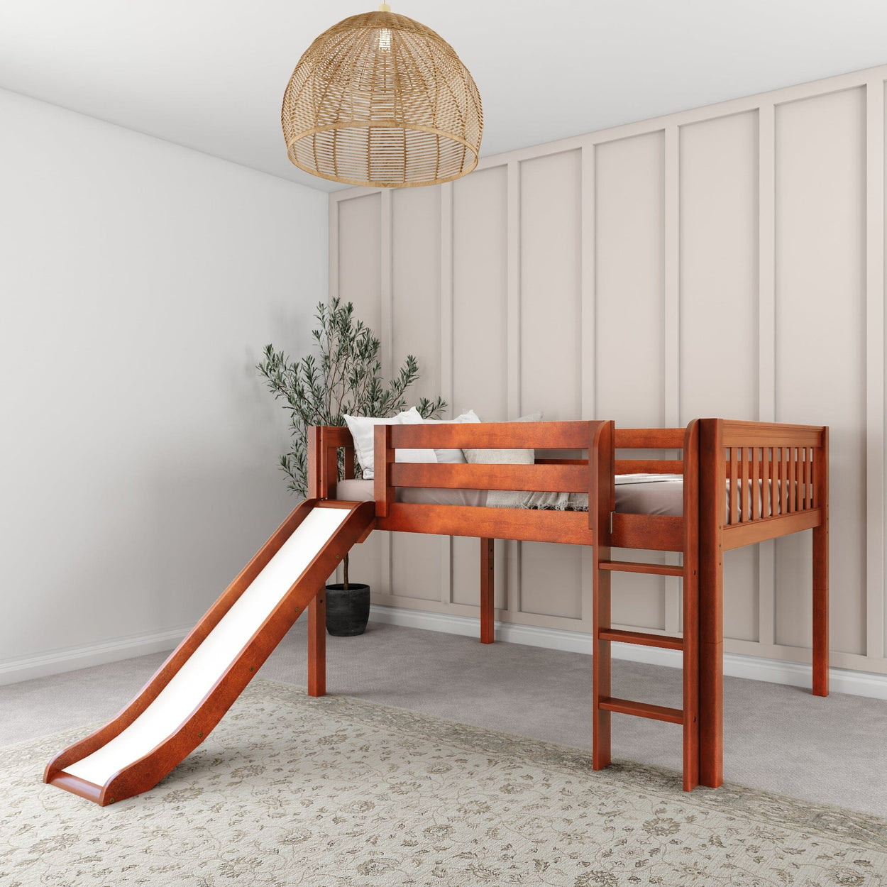 Wooden loft bed with slide in modern bedroom, perfect for kids' room decor.