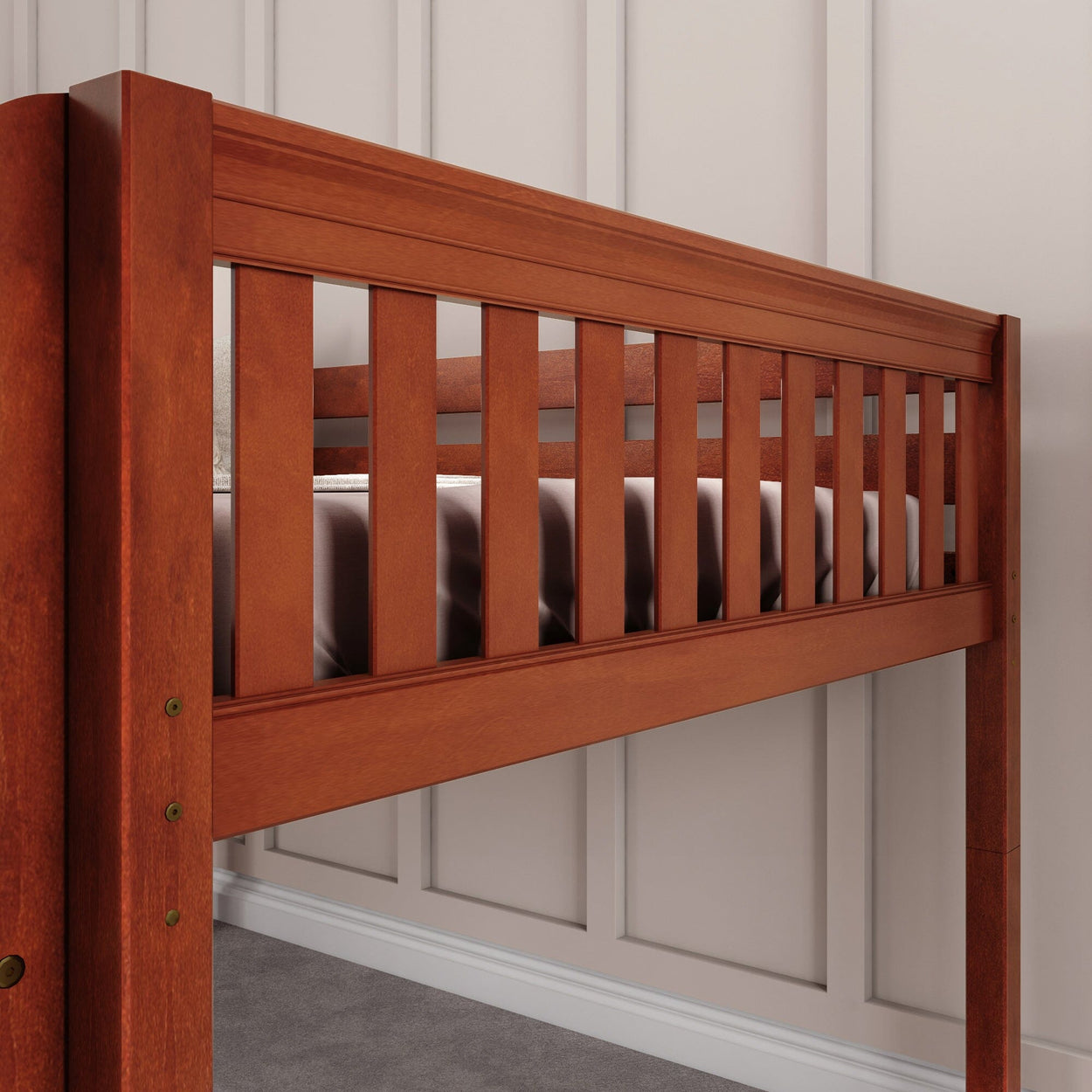 Wooden loft bed with ladder against beige paneled wall in modern bedroom.