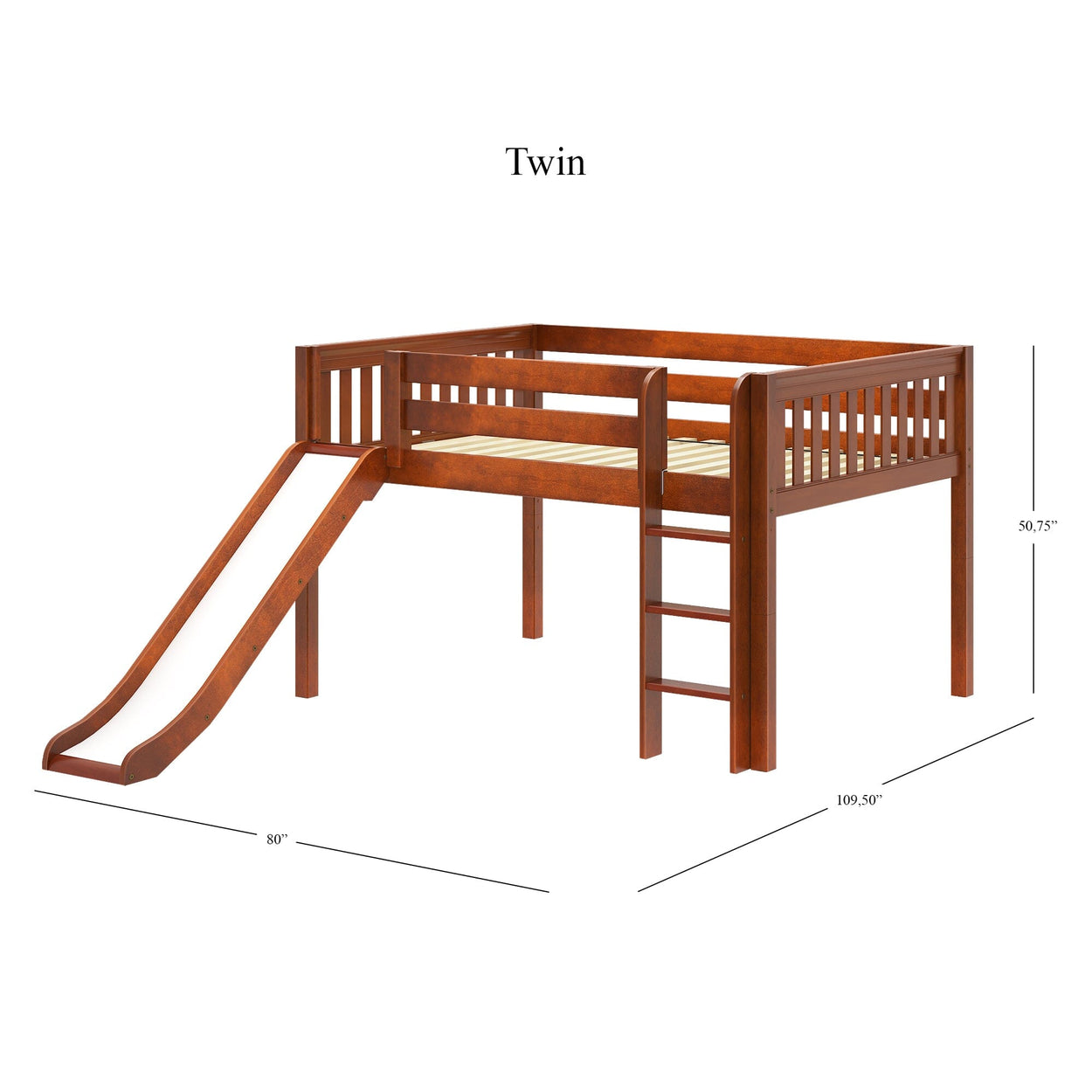 Wooden twin loft bed with slide and ladder, ideal for kids' room furniture