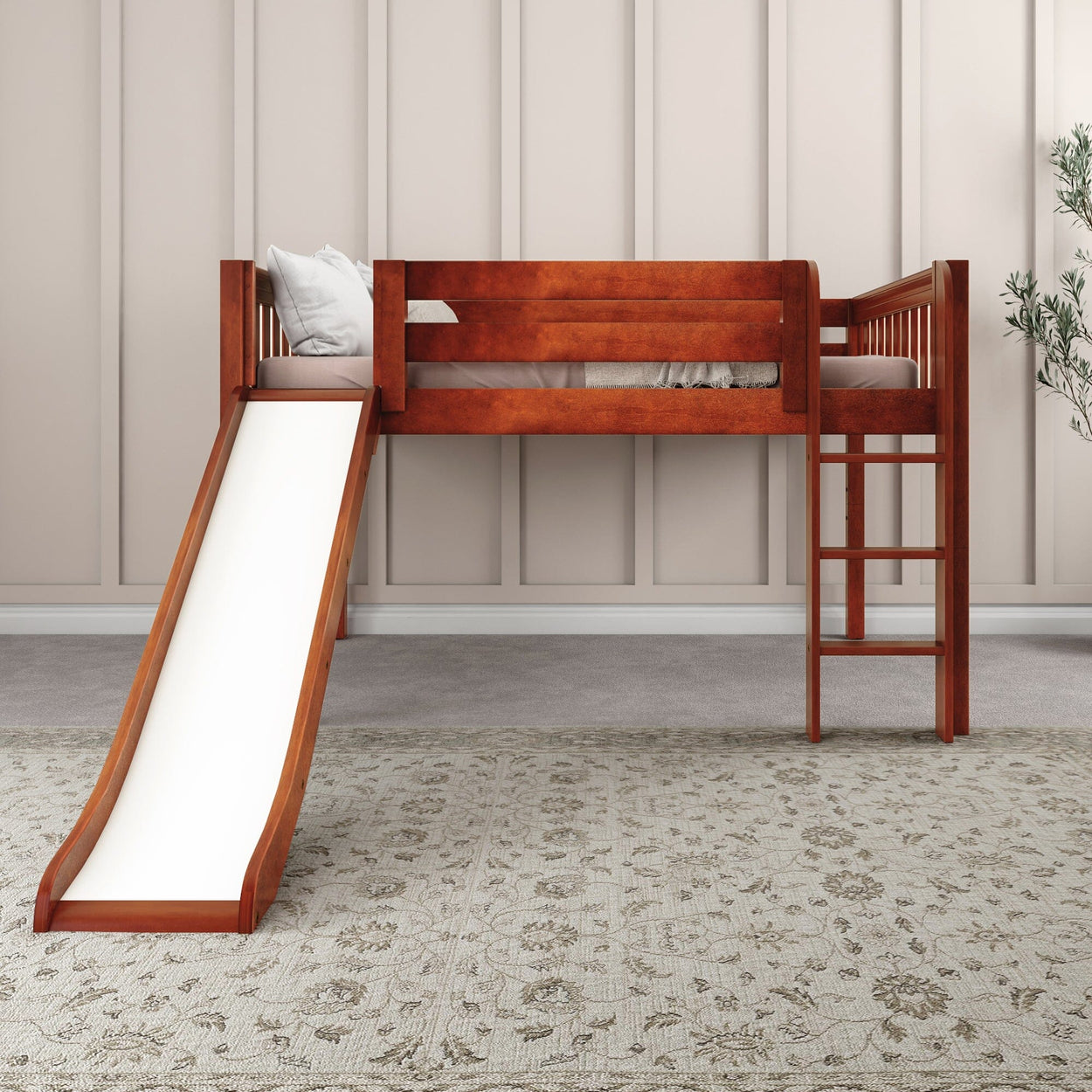 Wooden loft bed with slide and ladder for kids' bedroom.