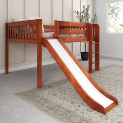 Wooden loft bed with slide and ladder in a children's bedroom for fun space-saving design.