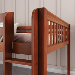 Wooden loft bed with safety rails against a modern paneled wall in a cozy bedroom setting.