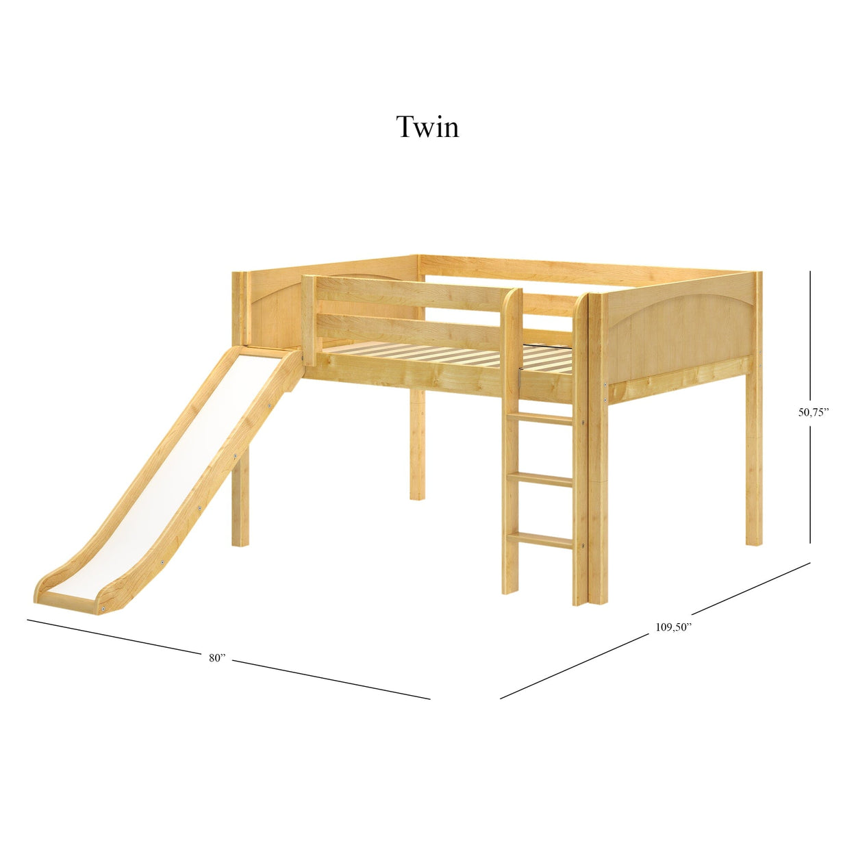 Twin wooden loft bed with slide and ladder, dimensions 80 inches by 109.5 inches by 50.75 inches.