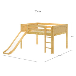Twin wooden loft bed with slide and ladder, dimensions 80 inches by 109.5 inches by 50.75 inches.